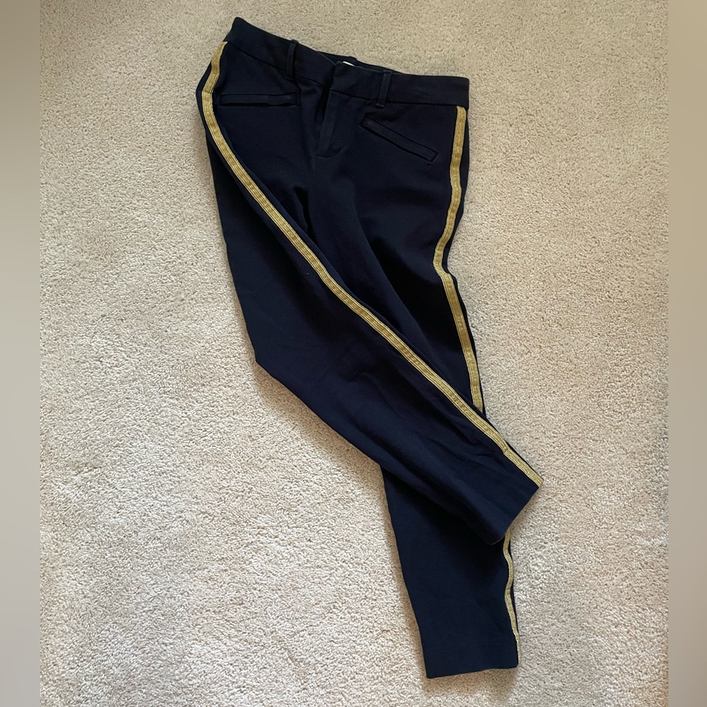 Gap Navy twill pants with gold metallic side detailing